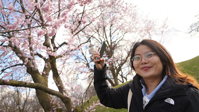 Studentin Tong (26) nutzt die Gelegenheit zum Kirschblüten-Knips am Montag im Olympiapark. Studentin Tong (26) nutzt die Gelegenheit zum Kirschblüten-Knips am Montag im Olympiapark.