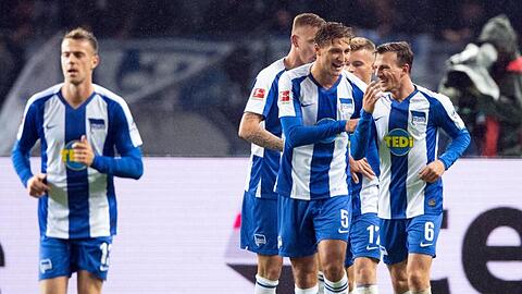 Herthas Spieler feiern das Tor zum 3:1 gegen Fortuna Düsseldorf durch Vladimir Darida (r).