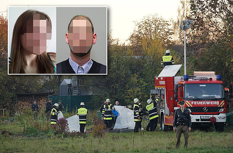Der Fundort: In einem Keller-Verlies unter einem Wäldchen in Langwied ist die Leiche von Aline K. (30) nach vier Wochen gefunden worden. Michael P. (r. 29) steht ab Dienstag vor Gericht.