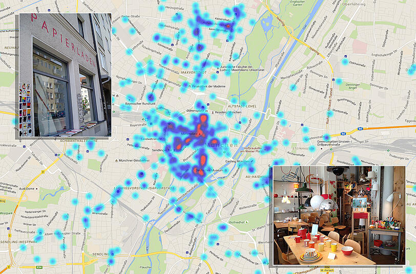 Wie die Heatmap der beliebtesten Einkaufsgegenden zeigt, kann man auch abseits der bekannten Shopping-Meilen sehr gut Einkaufen.