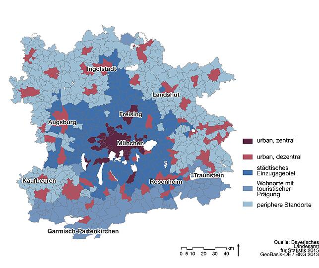 Die Karte zeigt, wie urban die einzelnen Regionen im Großraum München sind.