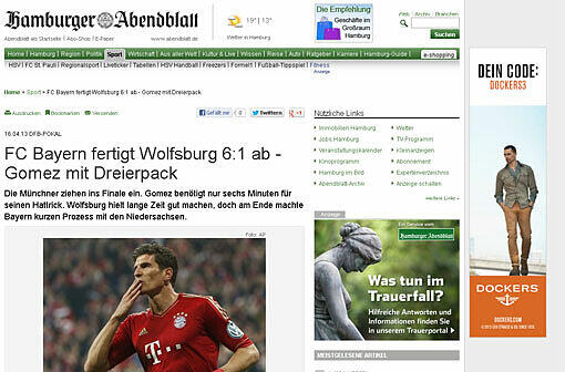 "Gomez mit Dreierpack", titelt "abendblatt.de".