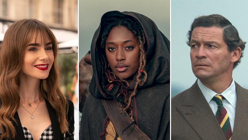 V.l.n.r.: Lily Collins in "Emily in Paris", Sophia Brown in "The Witcher: Blood Origin" und Dominic West in "The Crown".
