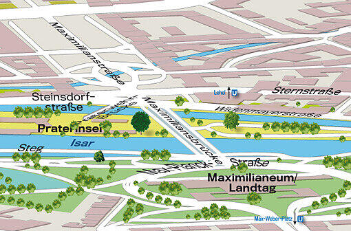 Maximiliansbrücke: Im Schatten des Landtags radeln und flanieren die Münchner und ihre Gäste.   Links der Isar ist es nicht weit zum Bayerischen Nationalmuseum und dem Haus der Kunst. Die U-Bahn-Stationen Lehel und Max-Weber-Platz sorgen für eine günstige Anbindung.
