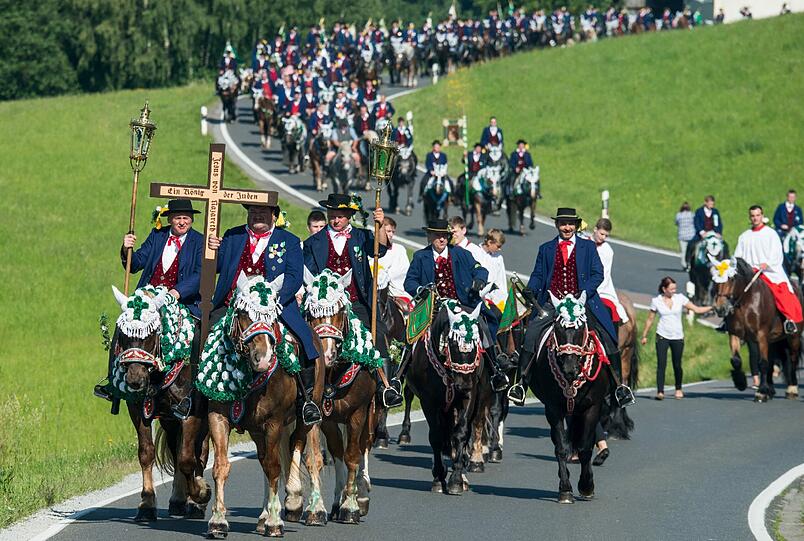 Die Prozession mit rund 900 Reitern zählt zu den ältesten bayerischen Brauchtumsveranstaltungen. Bei dem Bittgang im Sattel von prächtig geschmückten Pferden pilgern die "Mannerleut" von Kötzting zur rund sieben Kilometer entfernten Nikolauskirche in Steinbühl. Die Bilder!