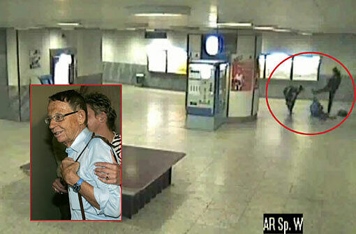 Dieses Standbild zeigt eine Szene, die die Überwachungskamera in der U-Bahnstation Arabellapark aufgenommen hat. Bruno N. wird mit Fußtritten malträtiert. Im kleinen Bild: Das Opfer Bruno N. als Zeuge vor Gericht.