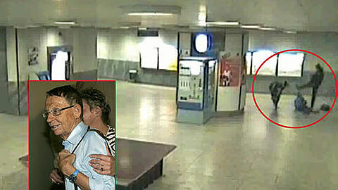 Dieses Standbild zeigt eine Szene, die die Überwachungskamera in der U-Bahnstation Arabellapark aufgenommen hat. Bruno N. wird mit Fußtritten malträtiert. Im kleinen Bild: Das Opfer Bruno N. als Zeuge vor Gericht.