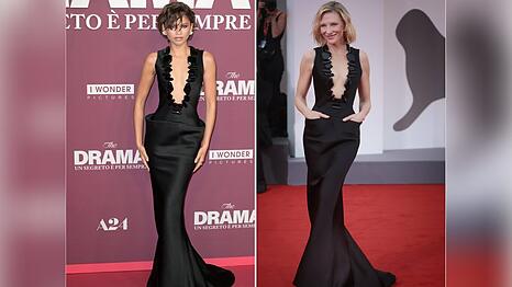 Zendaya (l.) trug bei der Premiere von "Das Drama" in Rom ein Armani-Kleid, das Cate Blanchett bereits zweimal auf dem roten Teppich trug.