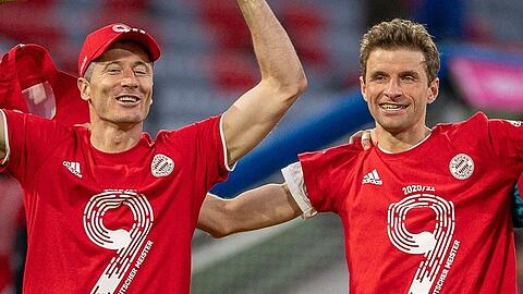 Thomas Müller und Robert Lewandowski - Dreamteam aus gemeinsamen FC-Bayern-Zeiten. Thomas Müller und Robert Lewandowski - Dreamteam aus gemeinsamen FC-Bayern-Zeiten.