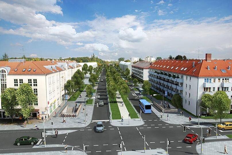 NACHHER: Vier Fahrspuren sind weggefallen, dafür sind die Grünstreifen und die Bürgersteige deutlich breiter geworden.