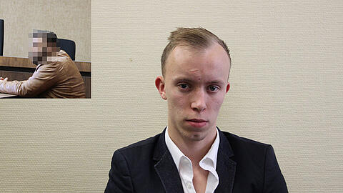Die Spuren des Angriffs sind noch sichtbar: Auf dem rechten Auge wird Andreas K. nie wieder hundertprozentig sehen können.  Kleines Bild: der Angeklagte Bernhard S.