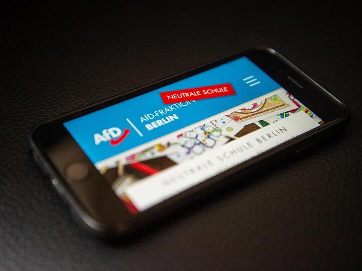 Ein Handy zeigt das Internetportal "Neutrale Schule" der Berliner AfD. Sein Gegenstück in Mecklenburg-Vorpommern ist jetzt verboten worden.