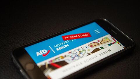 Ein Handy zeigt das Internetportal "Neutrale Schule" der Berliner AfD. Sein Gegenstück in Mecklenburg-Vorpommern ist jetzt verboten worden.