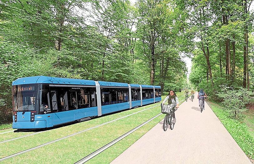 Die neue Tramtrasse, hier in der &bdquo;Mischvariante&ldquo;. Diese Simulation der MVG wird von Gegnern der Tram oft als zu beschönigend kritisiert.