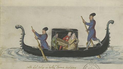 Il Pozzoserrato hat diese Gondelszene um 1600 in einem Aquarell wiedergegeben. Um das Paar zu sehen, musste man einst ein Deckblatt hochklappen.
