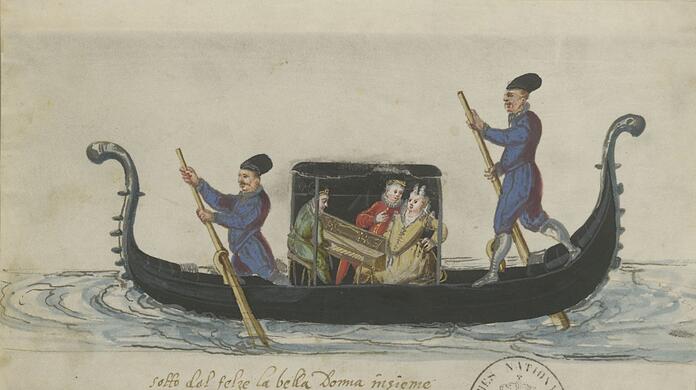 Il Pozzoserrato hat diese Gondelszene um 1600 in einem Aquarell wiedergegeben. Um das Paar zu sehen, musste man einst ein Deckblatt hochklappen.