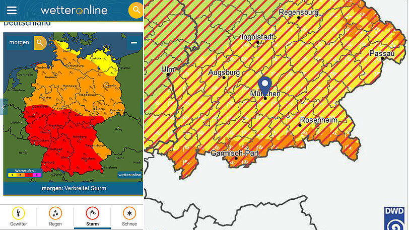 Wetteronline und der DWD warnen vor Sturm am Mittwoch.