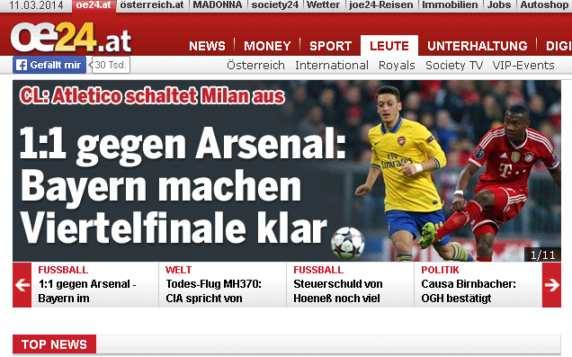 Auch oe24.at berichtet über den Viertelfinal-Einzug der Bayern.