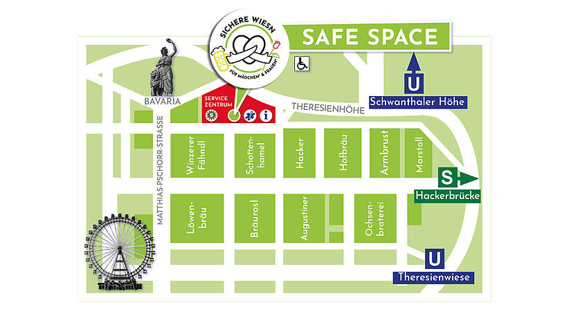 Der Safe Space befindet sich im Servicezentrum in der Nähe der Bavaria. Der Safe Space befindet sich im Servicezentrum in der Nähe der Bavaria.