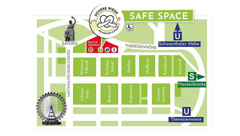 Der Safe Space befindet sich im Servicezentrum in der Nähe der Bavaria. Der Safe Space befindet sich im Servicezentrum in der Nähe der Bavaria.