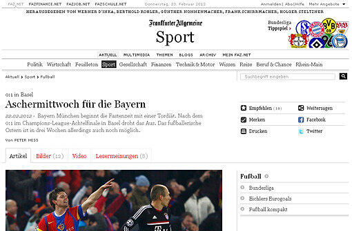 Die "FAZ" fragt, wie es für den Bayern weitergehen wird: "Von wegen Befreiungsschlag &ndash; der FC Bayern München hat am Mittwoch seine Serie von Rückschlägen fortgesetzt. Das 0:1 im Achtelfinal-Hinspiel der Champions League beim FC Basel bedeutet zwar nicht das Ende aller Hoffnungen auf den Einzug ins Viertelfinale. Doch der Zustand der Mannschaft berechtigt nicht zu allergrößter Hoffnung, dass sie den Rückstand noch aufholt."