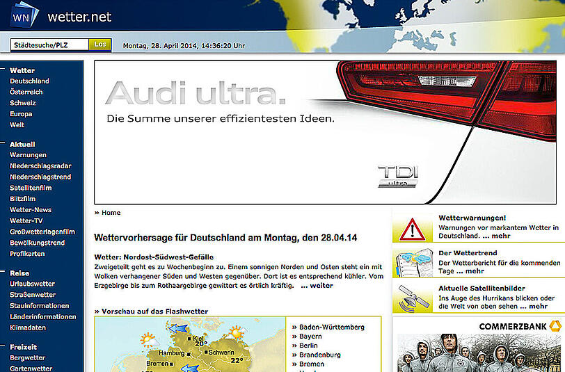 Wetter.net bekam die Note 2,8 - und lieferte laut Stiftung Warentest die schwächste Vorhersage.