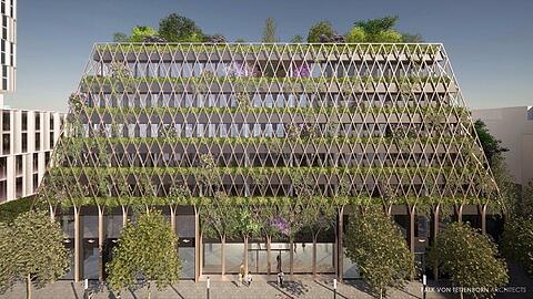 Pflanzen an der Fassade, Bäume auf dem Dach: So soll das "tomorrow" im Werksviertel aussehen.