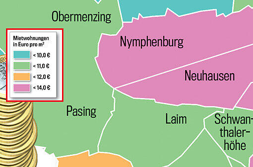 So teuer ist Wohnen in München! Die Münchner Stadtviertel sind in dieser Grafik je nach Quadratmeterpreis eingefärbt. Klicken Sie einfach durch die Quartiere.