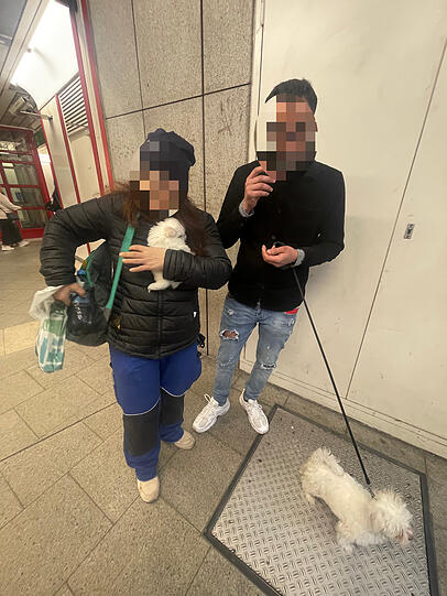 Die Tierschützerin entdeckte die beiden Menschen mit den zwei kleinen Welpen. Die Tierschützerin entdeckte die beiden Menschen mit den zwei kleinen Welpen.