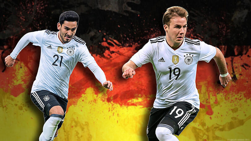 Kamen zum bislang jeweils letzten Mal am 15. November 2016 beim 0:0 im Freundschaftsspiel gegen Italien für die Nationalmannschaft zum Einsatz Ilkay Gündoganund Mario Götze (r.).
