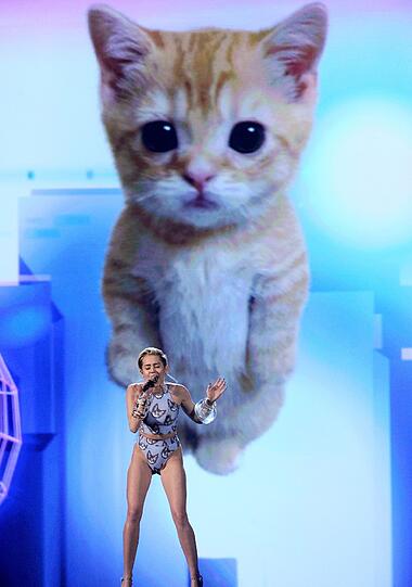 Miley Cyrus als Katzendame! Die 21-Jährige inszenierte sich auf der Bühne als Katzenlady.