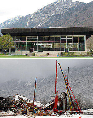 Die Bildkombo zeigt die Eissporthalle in Bad Reichenhall vor ihrem Einsturz (oben, im Sommer 2005) und danach auf einer Aufnahme vom 3. Januar 2006.