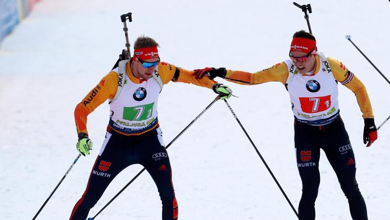Johannes Kühn (l) und Philipp Horn klatschen sich ab. Die deutsche Mixed-Staffel wurde bei der WM-Generalprobe Dritter. Johannes Kühn (l) und Philipp Horn klatschen sich ab. Die deutsche Mixed-Staffel wurde bei der WM-Generalprobe Dritter.