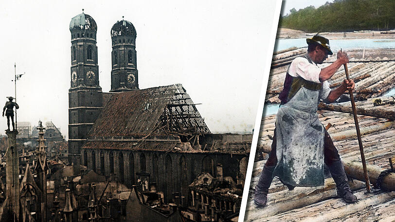 Die zerstörte Frauenkirche im Februar 1945: Der halbe gotische Dachstuhl ist noch intakt. Der Wiederaufbau erfolgt, wie der Bau 1468-88 auch, mit Hölzern aus dem Oberland. Die harte körperliche Arbeit der Flößer auf der Isar zeigt das Foto rechts aus dem Jahr 1905.