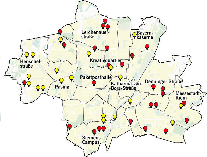 Diese Karte zeigt Bauprojekte in der Stadt. Gelbe Kreise zeigen Gebiete, auf denen Baurecht besteht, rote Kreise sind noch im Genehmigungsverfahren.