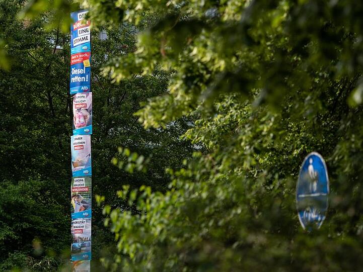 Wahlplakate der AfD zu den Europa- und Kommunalwahlen in Sachsen stapeln sich übereinander an einer Laterne.