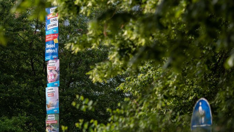 Wahlplakate der AfD stapeln sich übereinander an einer Laterne. (Archivbild)