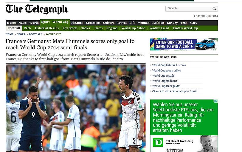 Der "Telegraph": Deutschland - Frankreich: Mats Hummels erzilet das einzige Tor, das reicht für den Einzug ins WM-Halbfinale.