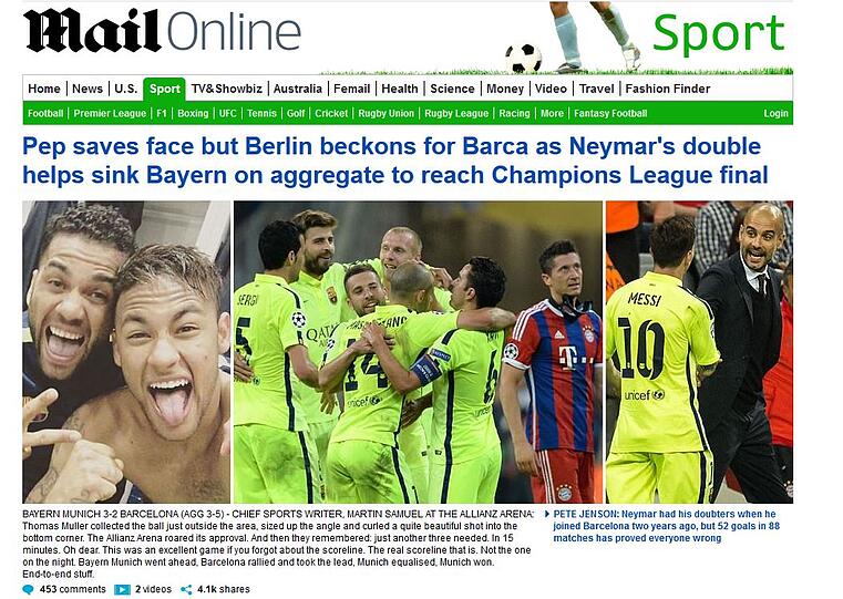 Die britische Zeitung "Daily Mail" findet, Pep hat sein Gesicht mit dem Sieg über Barcelona gewahrt.