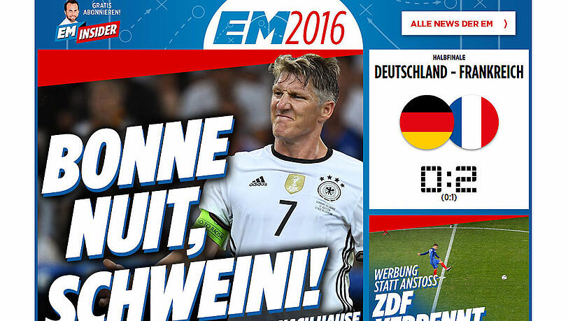 Bild: Bonne nuit, Schweini - Gute Nacht, Schweini. Die Bild-Zeitung scheint den Abgesang auf Deutschlands Kapitän anzustimmen. Bild: Bonne nuit, Schweini - Gute Nacht, Schweini. Die Bild-Zeitung scheint den Abgesang auf Deutschlands Kapitän anzustimmen.