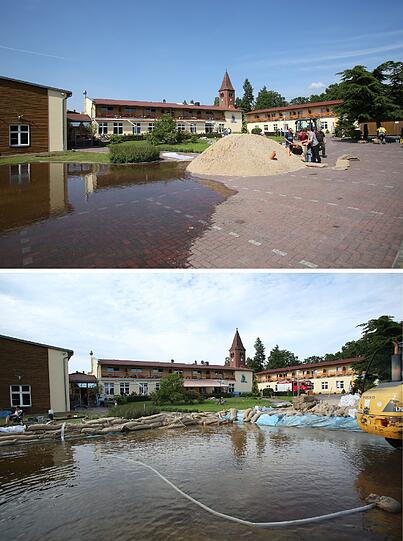 Die Bilder zeigen Helfer beim Befüllen von Sandsäcken gegen das steigende Hochwasser vor einem Hotel und die gleiche Stelle nach der Überflutung durch das Hochwasser.