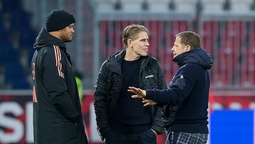Architekten des Bayern-Erfolgs: Trainer Vincent Kompany (v.l.), Sportdirektor Christoph Freund und Sportvorstand Max Eberl.