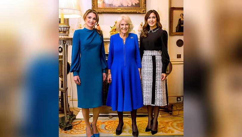 Königsgemahlin Camilla mit Königin Rania von Jordanien (l.) und Kronprinzessin Mary von Dänemark.