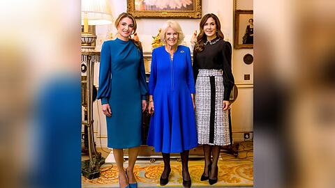 Königsgemahlin Camilla mit Königin Rania von Jordanien (l.) und Kronprinzessin Mary von Dänemark.