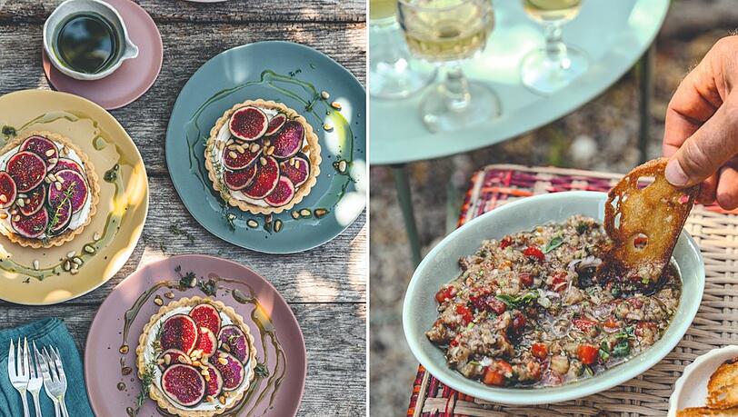 Zwischen Tradition und Leichtigkeit: feine Feigen-Ziegenk&auml;se-Tartelettes und cremiger Auberginenkaviar.