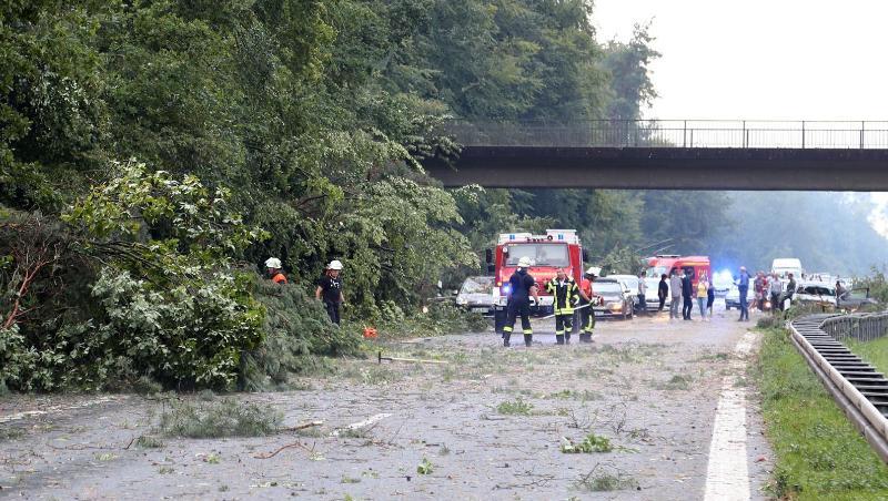 Feuerwehren räumen die durch umgestürzte Bäume blockierte Autobahn A45. Foto: Ralf Hettler Feuerwehren räumen die durch umgestürzte Bäume blockierte Autobahn A45. Foto: Ralf Hettler