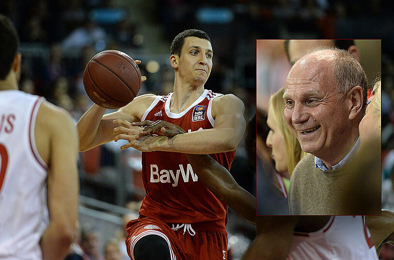 Die Basketballer des FC Bayern München konnten sich im Topspiel gegen die Brose Baskets Bamberg durchsetzen. Mit dabei als Zuschauer: Uli Hoeneß (kleines Bild).