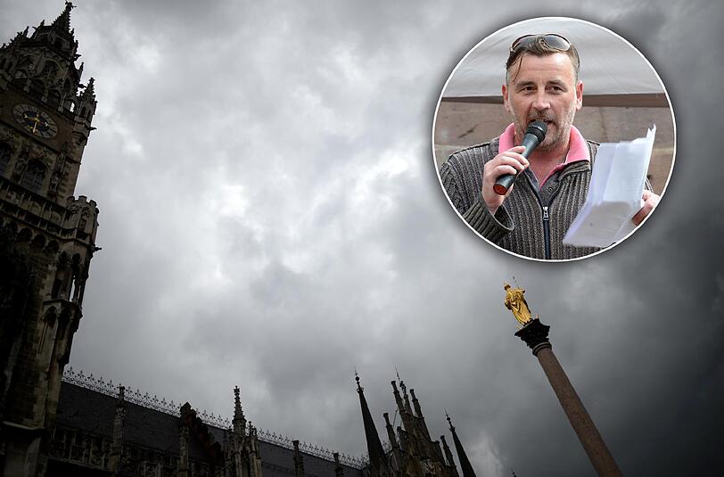 Dunkle Wolken über dem Münchner Rathaus und der Marienstatue: Lutz Bachmann (kleines Bild) wird dort sprechen.