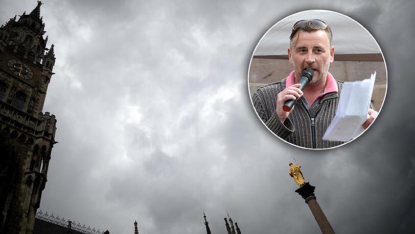 Dunkle Wolken über dem Münchner Rathaus und der Marienstatue: Lutz Bachmann (kleines Bild) wird dort sprechen.