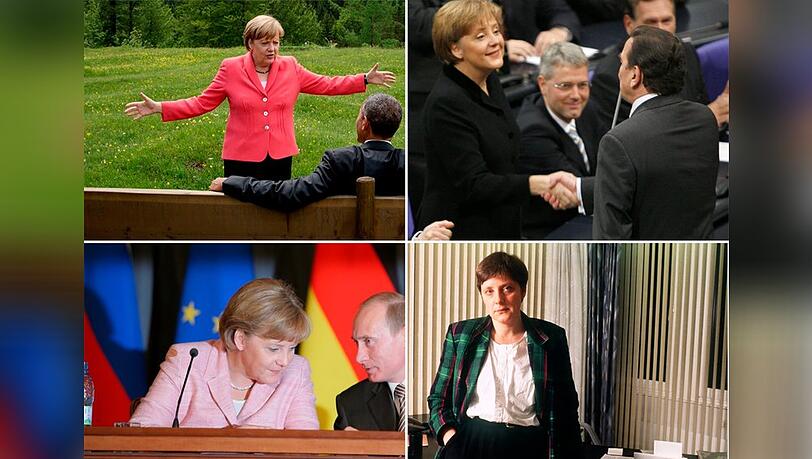 "Angela Merkel - Schicksalsjahre einer Kanzlerin" (v.l.o.n.r.u.): Merkel mit US-Präsident Obama beim G7-Gipfel 2015. Gerhard Schröder gratuliert 2005 der neuen Kanzlerin. Merkel und Russlands Präsident Putin 2007 beim EU-Russland-Gipfel. Merkel 1991 als Bundesministerin für Frauen und Jugend. "Angela Merkel - Schicksalsjahre einer Kanzlerin" (v.l.o.n.r.u.): Merkel mit US-Präsident Obama beim G7-Gipfel 2015. Gerhard Schröder gratuliert 2005 der neuen Kanzlerin. Merkel und Russlands Präsident Putin 2007 beim EU-Russland-Gipfel. Merkel 1991 als Bundesministerin für Frauen und Jugend.